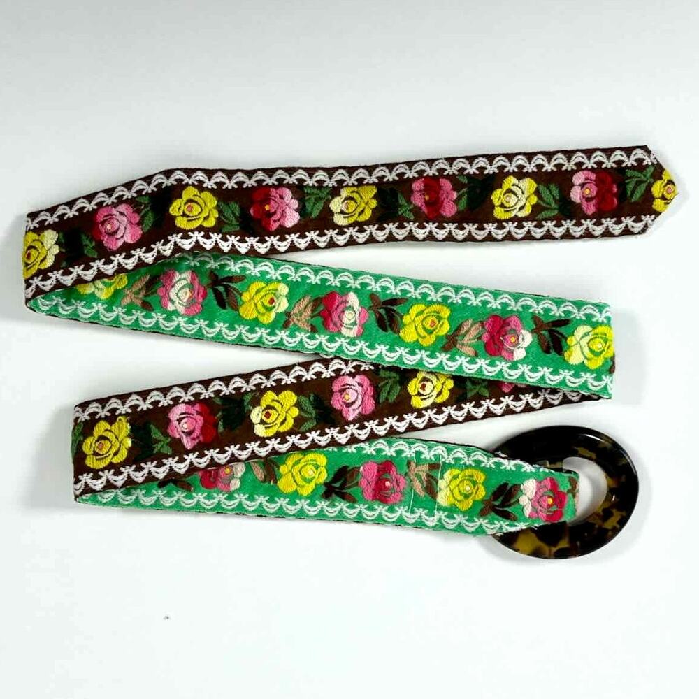 Hadley Pollet Green and Brown Floral Embroidered Reversible Belt - Size S